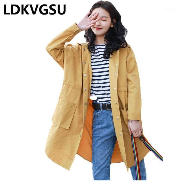 

new cotton trench coat women 2020 spring autumn fashion hooded windbreaker plus size trench female loose casual coat is6861, Tan;black