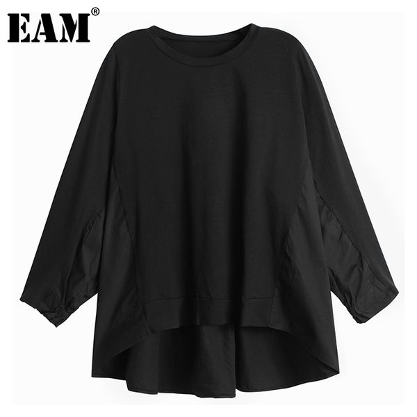 

[eam] women black irregular pleated big size t-shirt new round neck long sleeve fashion tide spring autumn 1da567 201029, White