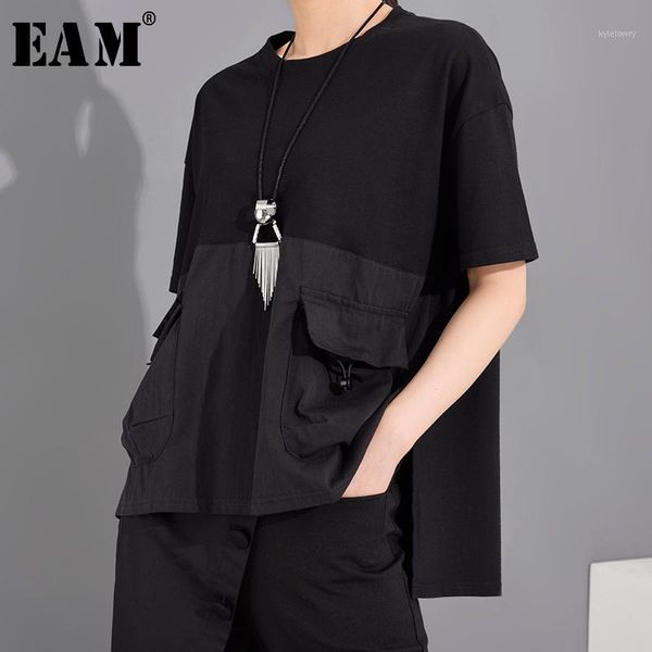 

eam] women black pocket irregular split big size t-shirt new round neck short sleeve fashion tide spring summer 2020 1t706011, White