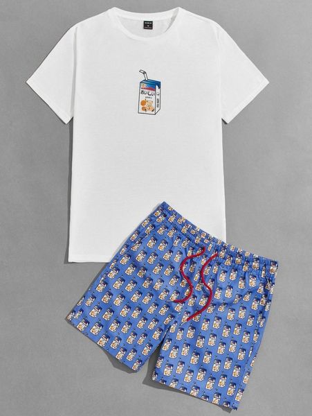 

men drop shoulder cartoon pattern tee & drawstring waist track shorts y9h6#, Gray