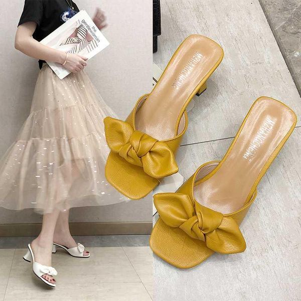

2020 new summer ashion outside slides ladies slippers women shoes square bow knot high heels fcasual shoes woman slippers1, Black