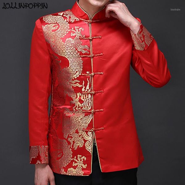 

dragon pattern jacquard mens red suit jacket mandarin collar traditional chinese men satin wedding jacket frog closure1, White;black