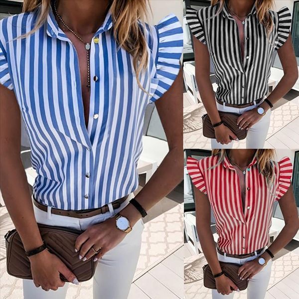 

2020 explosion models summer ruffled short sleeved striped printed slim ladies shirt women drop shipping good quality, White