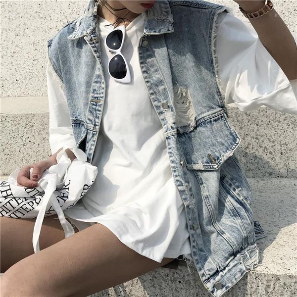 

denim vest for women loose hole sleeveless turn-down collar personalized coat single breasted pockets vests 2020 new fashion1, Black;white