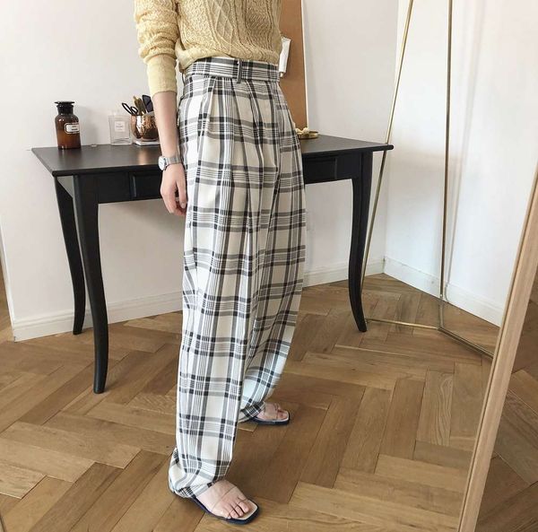 

louvre summer new lazy straightforward fashionable high waist plaid trousers loose and thin casual women's pants, Black;white