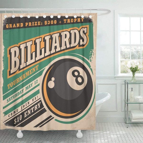 

retro for billiards tournament vintage ad with eight ball game sport and leisure shower curtain extra long 72x78 decorative