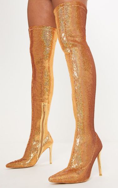 

woman bling gold thigh pointed toe of foot high heels stretch sequins on the knee boots lady dancing boot 5shp, Black