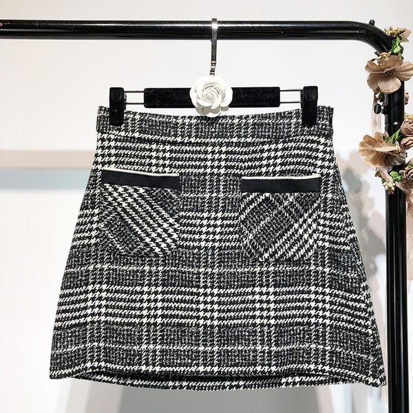 

high street fashion women tweed a-line high waist skirt elegant lady plaid party mini skirt1, Black