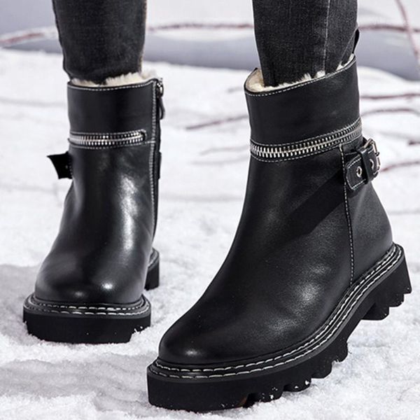 

natural leather women snow boots buckles platform leather winter boots fashion warm zipper shoes fur botas mujer thick sole shoe1, Black