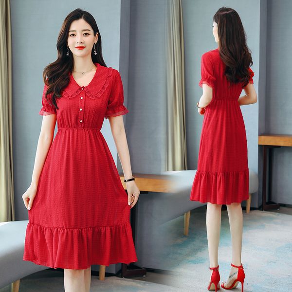 

red black chiffon lotus leaf button short sleeve knee-length a-line simple plus size loose summer women cocktail dresses party