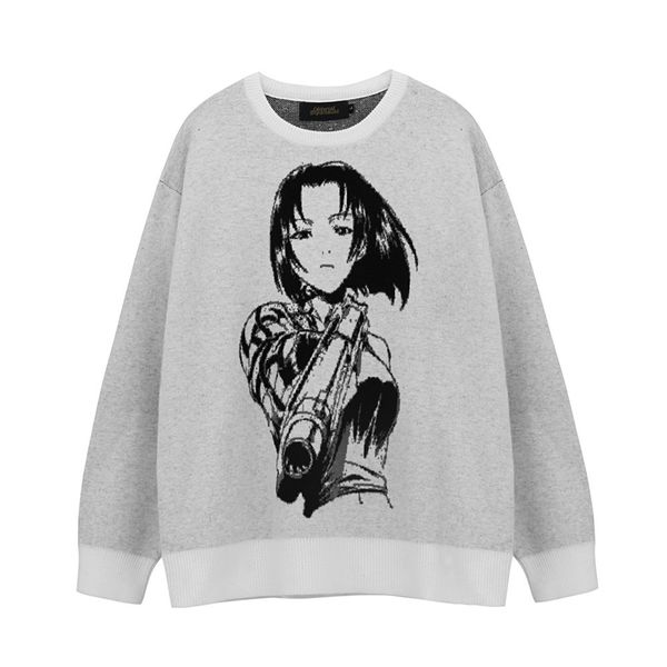 

men's two-dimensional cartoon pullover sweater, White;black