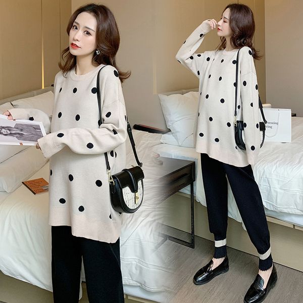 

and winter knitwear pregnant women's sweater wave point long sleeve autumn pants two piece set fashion suit net red, White