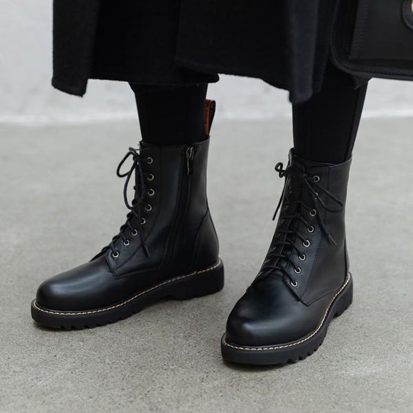 

pxelena 2021 winter classic women boots lace up low heel round toe vintage motorcycle combat knight ankle boots plus size, Black