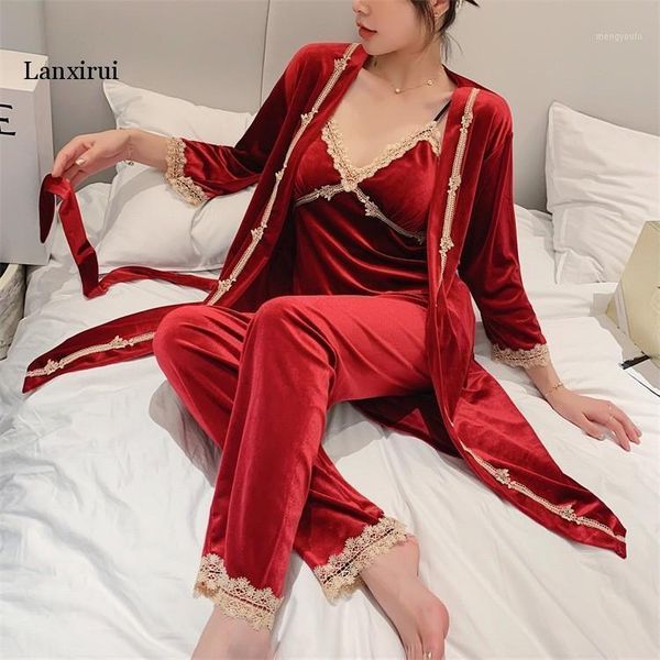 

velvet lace patchwork sleepwear female 3pcs sleep set kimono robe gown intimate lingerie home clothes soft nightwear1, Black;brown