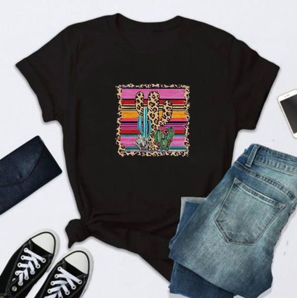 

leopard cactus print t shirt women short sleeve o neck loose tshirt 2021 summer women tee shirt camisetas mujer, White