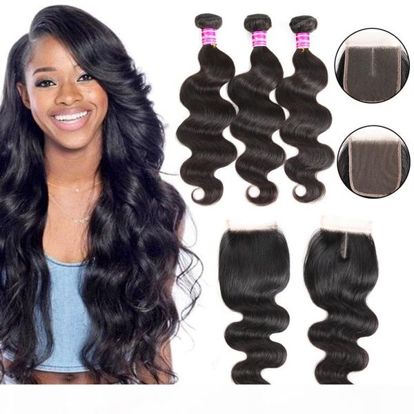 

body wave human hair weaves with closure 10a brazilian virgin hair bundles with lace closures accessories remy hair extensions wholesale, Black