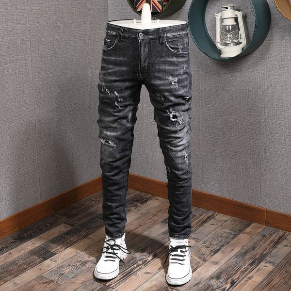 

2021 new italian style fashion men jeans black gray slim fit ripped denim trousers streetwear vintage designer hip hop pants lu, Blue