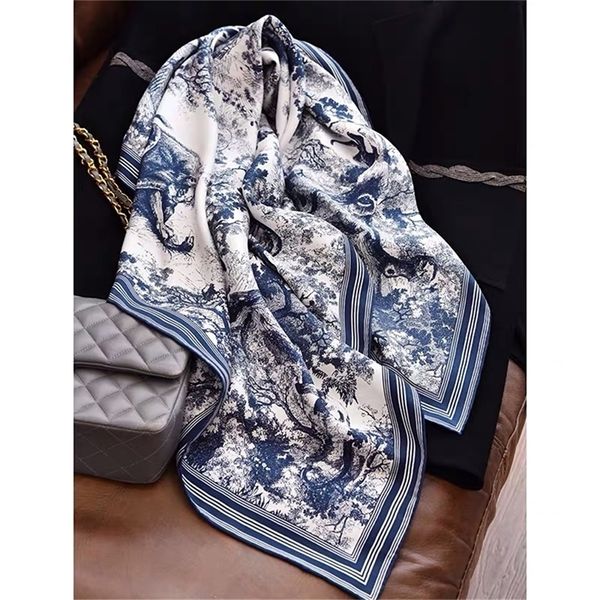 

new arrival spring classic tree pattern 100% pure silk scarf twill hand made roll 90*90 cm shawl wrap for women lady y201024, Blue;gray