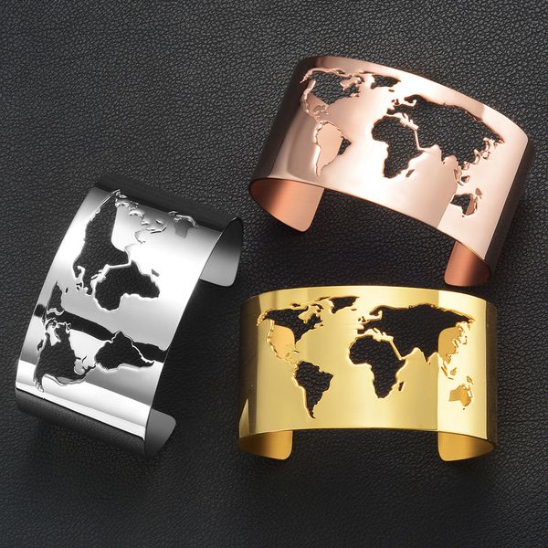 

world map cut-out cuff bangles travel peace jewelry 35mm wide laser engrave high polished stainless steel circle angle bracelets 201209, Black