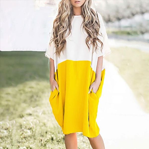 

new women casual loose dress cotton patchwork half sleeve solid boho splice pocket dress fashion summer dresses robe femme 2020, Black;gray