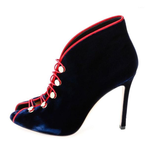 

fashion navy blue velvet ankle boots for women cross-tied open toe short booties thin high heels shoes woman botas mujer 20191, Black