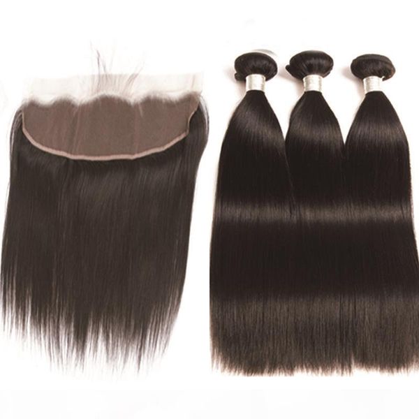 

lace frontal with bundles human hair 3 bundles with frontal brazilian straight wave bundles west kiss remy indian hair with lace frontal, Black;brown
