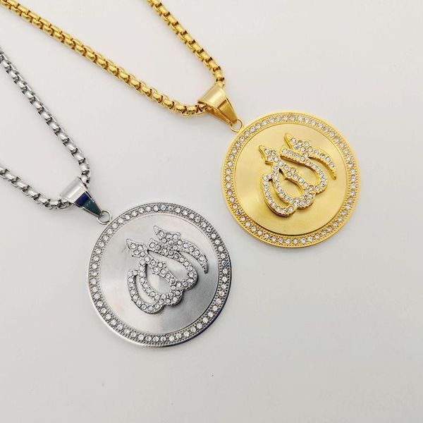 

pendant necklaces gold/silver color rhinestones round necklace stainless steel islam medal men women jewelry blkn0796