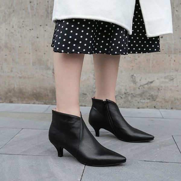 

pointed toe thin high heels female ankle boots fashion designer kitten heels winter boots women pu leather women's shoes, Black