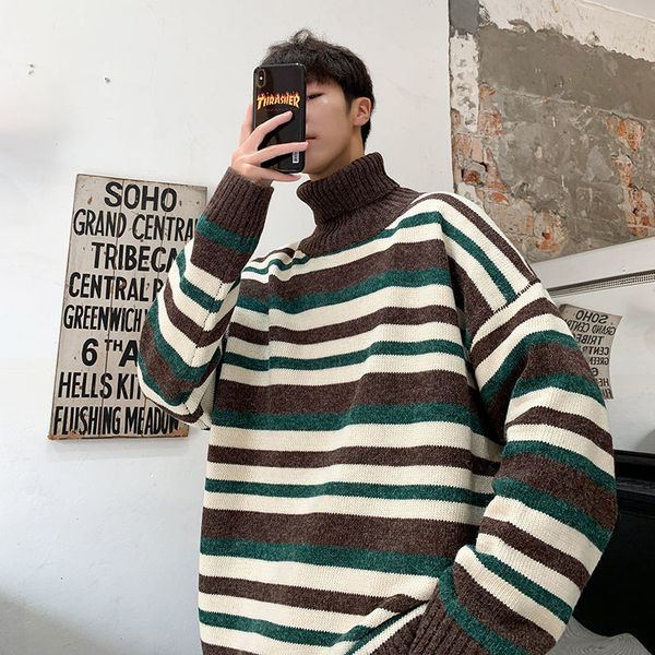 

2021 new autumn winter men's striped turtleneck sweater man fashion casual oversize pullovers streetwear male clothing pp7u, White;black