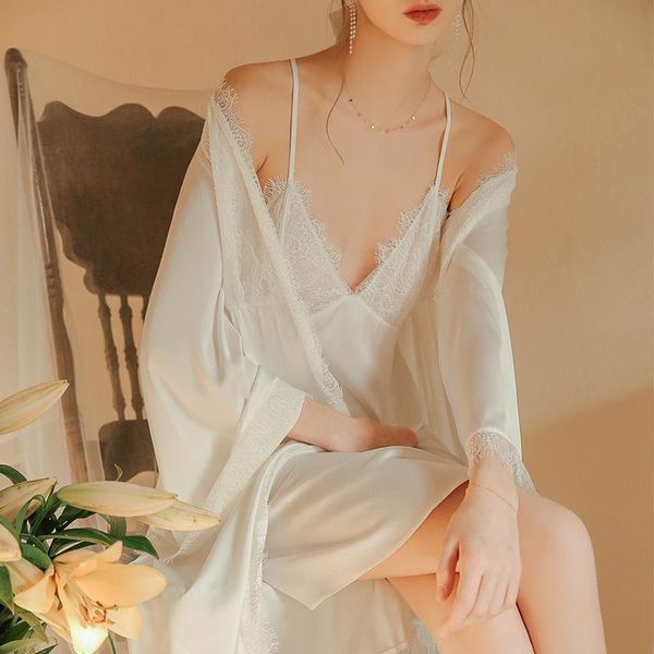 

women's sleepwear satin robe suit female spring autumn thin ice silk nightgown morning gown lace bathrobe suspender nightdress two-piec, Black;red