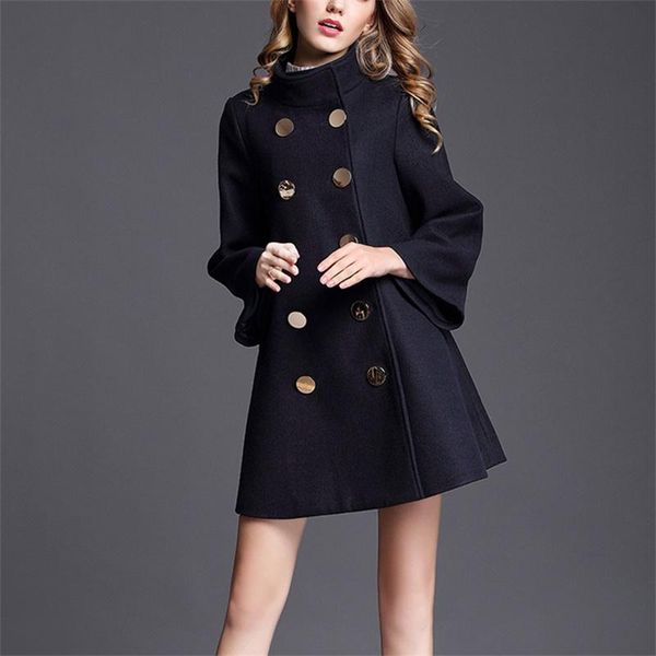 

women's wool & blends women cloak woolen double breasted jacket loose parkas coat mid-length manteau vintage outerwear female, Black