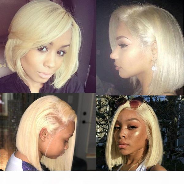 

613 lace front human hair wigs straight short bob wigs 150 density honey blonde transparent lace wigs, Black;brown