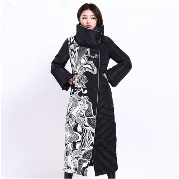 

2019 winter women's jacket fashion female x-long print slim thick white duck down coat elegant european style warm overcoat y200107, Black