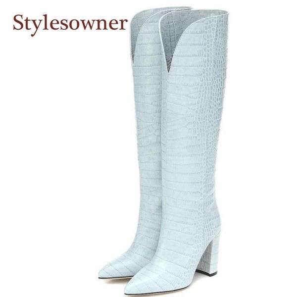 

new pointed toe thick heel high tube catwalk boots crocodile pattern knee-length long tube plus size women boots 2021 new, Black