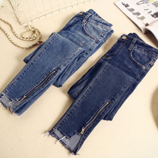 

2019 spring summer skinny jeans woman vintage zipper irregular high waist jeans pantalon femme pencil pants women c41911, Blue