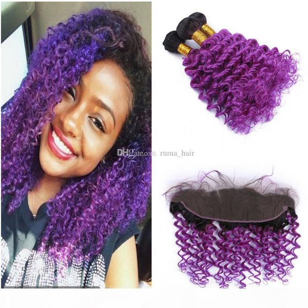 

brazilian 1b purple ombre human hair weaves with lace frontal deep wave ombre blonde 13x4 full lace frontal closure with 3 bundles, Black;brown