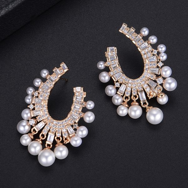 

godki famous imitation pearl cubic zirconiastud earrings for women fashion engagement party jewelry pendientes mujer moda 210202, Golden;silver