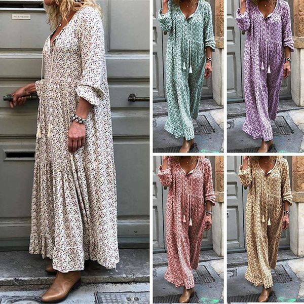 

2020 bohemian ethnic pattern long sleeve v-neck loose one-piece dress, Black;gray