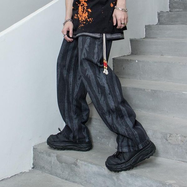 

uncledonjm vertical striped printed jeans men's high street popular brand hip-hop rock bf wind loose straight pants rmb-20s391, Blue