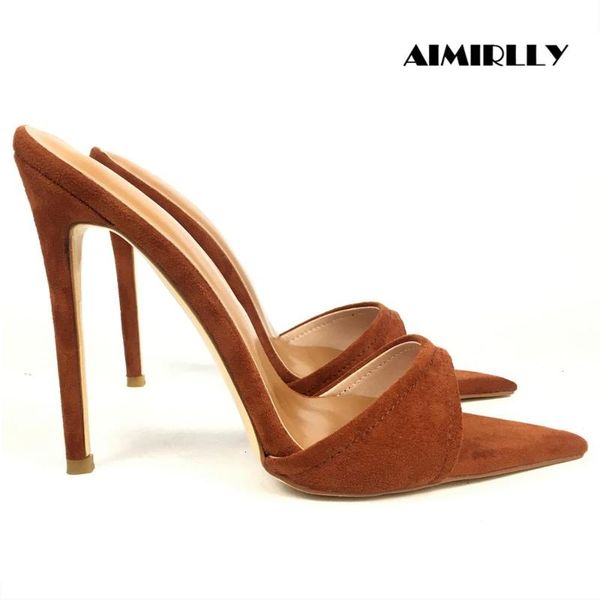

summer women's shoes slippers pointy toe high heels sandals mules ladies dress heels casual brown suede slip on, Black