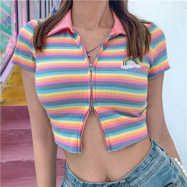 

short sleeve t shirt v neck zipper rainbow striped short sleeve pullover t shirt fashion casual women rainbow, Black;white