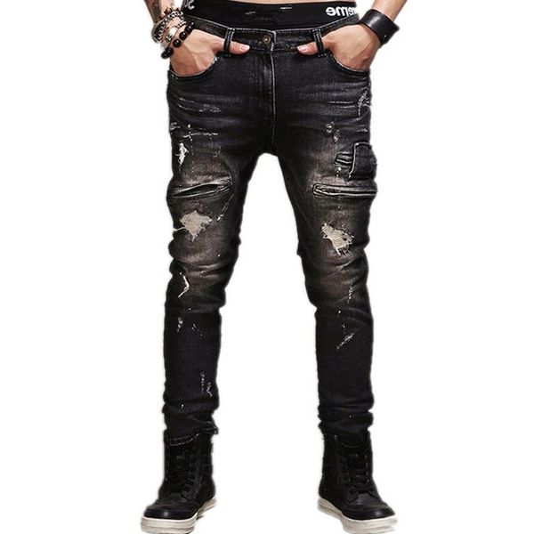 

black retro hole men's quality cotton denim trousers multi-pocket zipper printed ny high street ripped jeans
