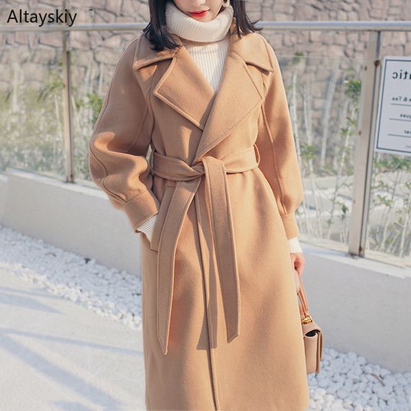 

wool women turn-down collar pockets leisure simple all-match korean style elegant ladies blends womens soft kawaii long coats lj201109, Black