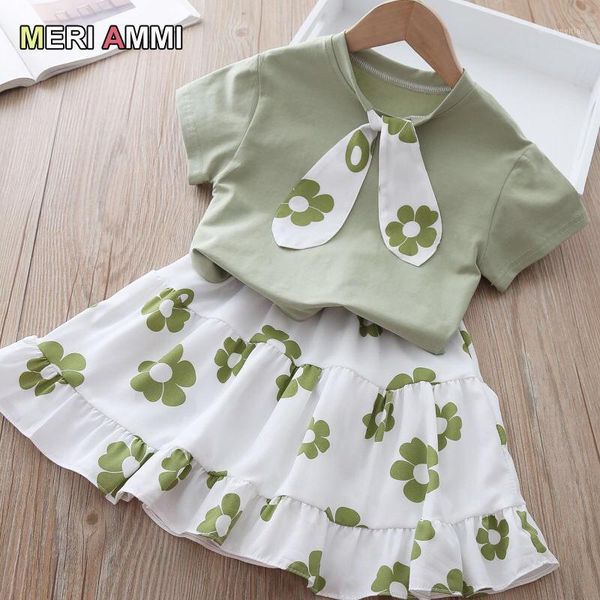 

clothing sets meri ammi kids set children girl summer outfit bow tie tee +bowknot skirts outwear for 2-7 year baby girl1, White