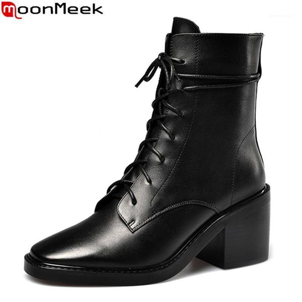 

boots moonmeek 2021 arrive fashion simple genuine leather ankle solid black lace up square toe high heels women boots1