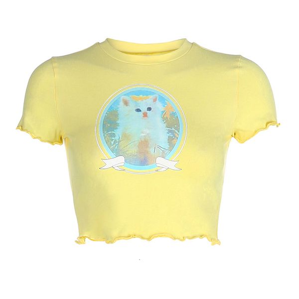 

2021 new super sweet beautiful bright yellow cat pattern short t-shirt casual cotton neck tight female t high elastic d0cm, White