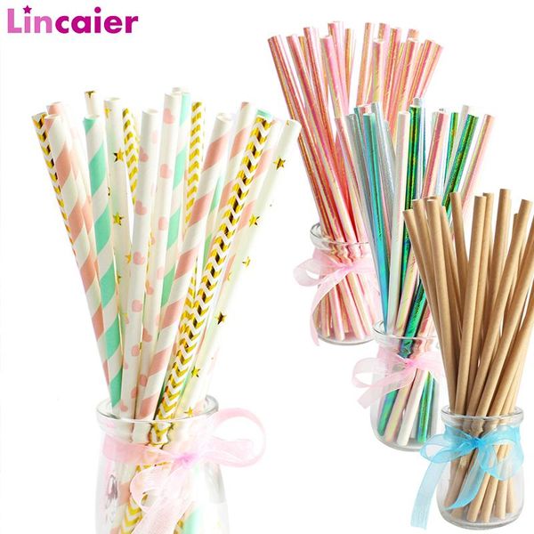 

25pcs gold pink paper drinking straws happy birthday decoration 1st first birthday boy girl party my one year supplies