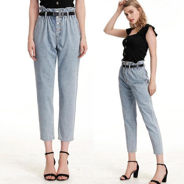 

straight denim jeans casual loose high-stretch large-size jeans daily ruffled, high-waisted loose-fitting casual pants1, Blue