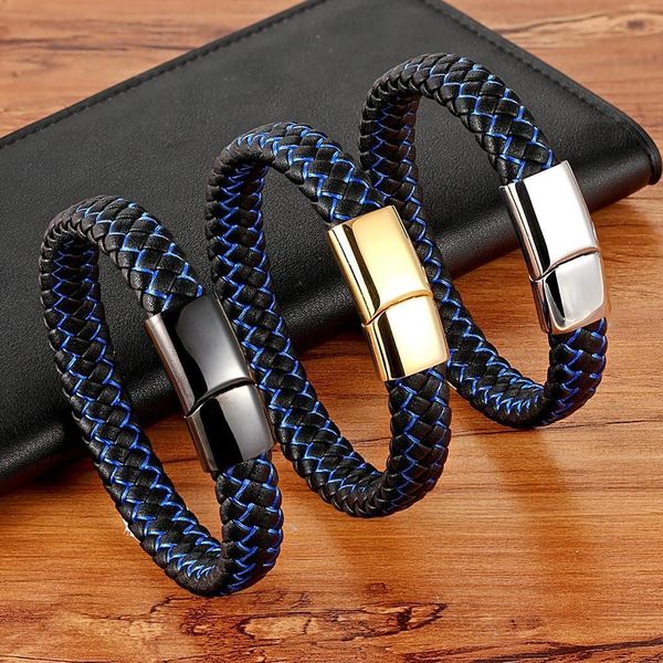 

new men jewelry punk black blue braided leather bracelet for men stainless steel magnetic clasp fashion bangles gifts 6 colors h jllosg, Golden;silver