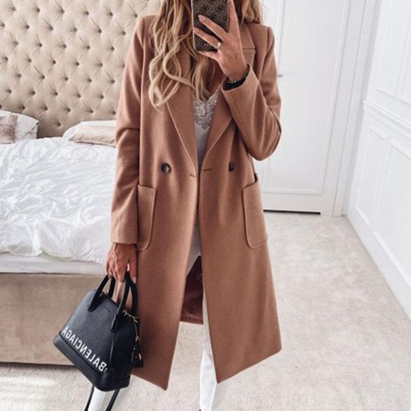 

women winter turn-down collar coat autumn button woolen pocket outerwear coat office lady solid belt long sleeve warm jacket 3xl, Black